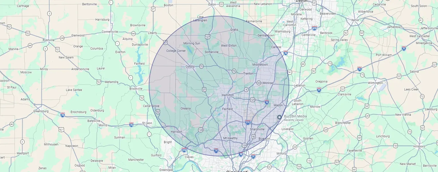 Map of the Hoov Air HVAC service area across Butler County, Ohio