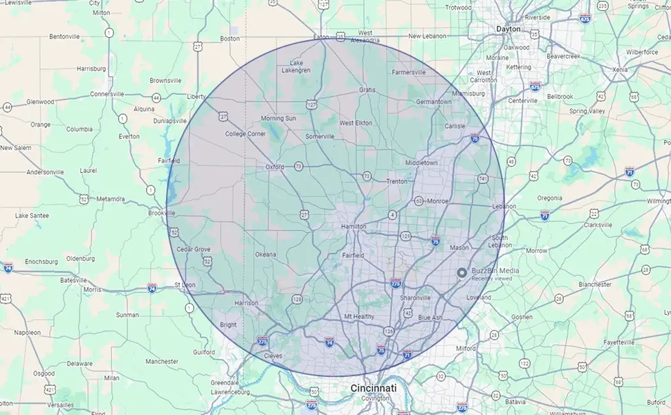 Map of the Hoov Air service area around Ross and Hamilton, Ohio